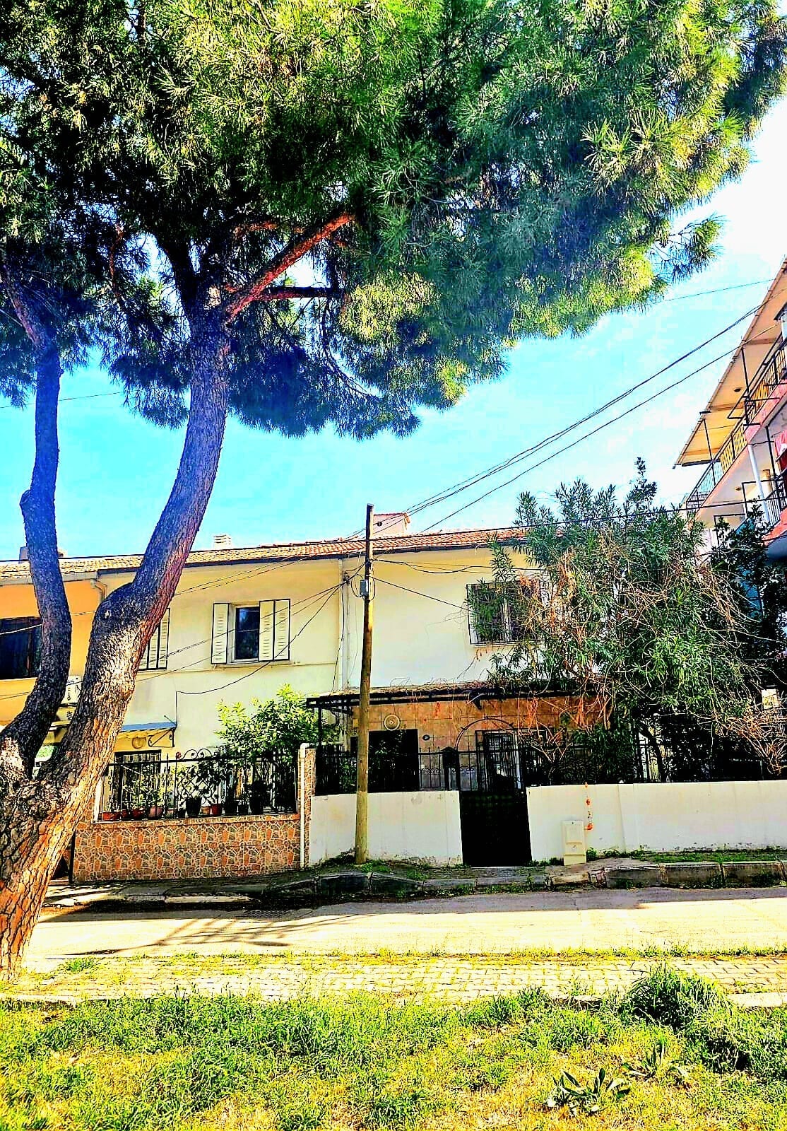 A two-story building is seen, featuring a white exterior and multiple windows. Surrounding greenery includes a large tree and some shrubs, providing a natural backdrop. A wooden fence encloses the front area, while power lines run alongside the structure.