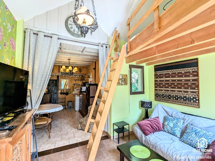 Vista general de la cabaña y su espíritu de antaño. La zona de estar tiene un Smart TV (decodificador Orange) para que pueda conectar sus cuentas de Netflix, Amazon Prime, etc. La cabaña dispone de internet por fibra óptica.