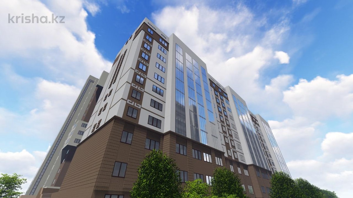 A modern residential complex is depicted, showcasing a combination of glass and brick facades. Lush greenery surrounds the base of the building, contributing to a welcoming atmosphere. The upper levels feature large windows that reflect the sky, adding to the building's contemporary design.