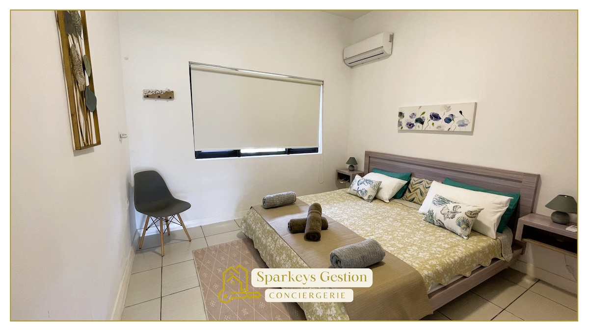 Grande chambre décorée et climatisée avec lit Queen Size, chevets et lampes. Store occultant. Linge de lit et de toilette fournis. Armoire de rangement pour les habits