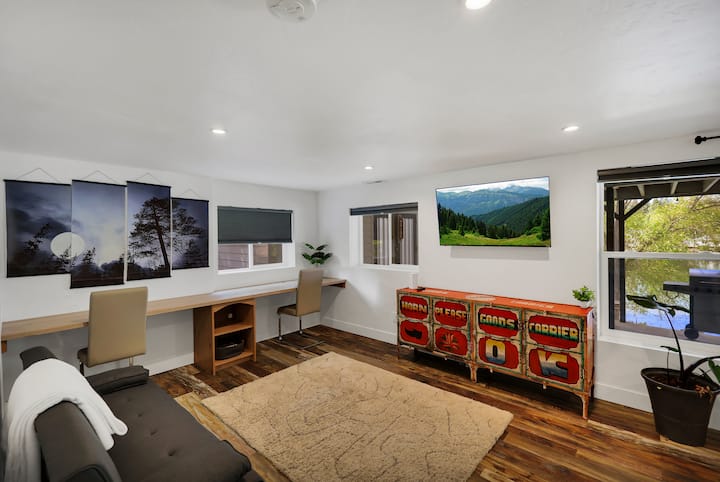 Дневна соба во подрум. Има ПАМЕТЕН телевизор со Roku и две работни станици. Просторот за спиење за седми гостин е каучот на сликата. 