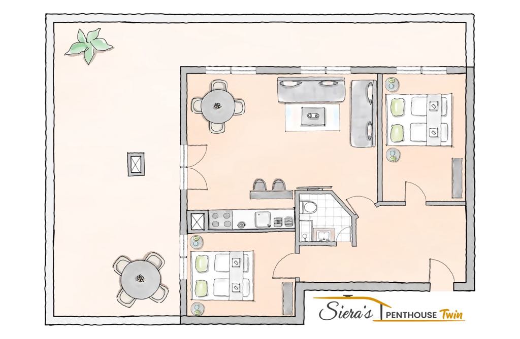 A floor plan of the penthouse illustrates a well-organized layout. Dining and kitchen areas are depicted alongside living spaces. Plant decorations add subtle detail. Clear divisions between rooms enhance accessibility, providing an overview of the space suitable for various gatherings.