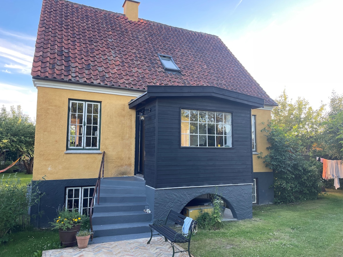 A charming two-story house features a combination of yellow and black exteriors. Large windows allow natural light to fill the spaces within. A small set of stairs leads to the entrance, which is flanked by greenery and a decorative flower pot. A clothesline is visible in the background.