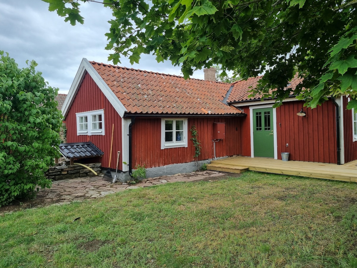 A traditional red wooden cottage is set against a backdrop of greenery. The roof features clay tiles, and the entrance door is painted green. The outdoor area includes a wooden deck and stone pathway leading to the entrance.