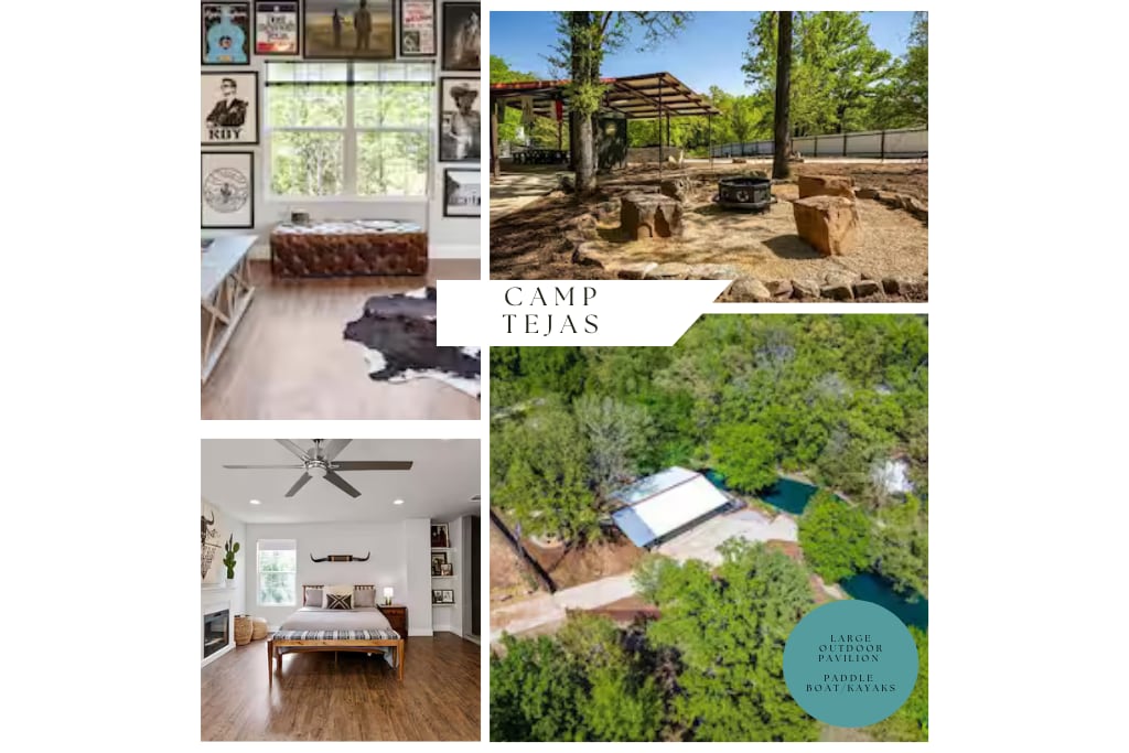 A bright living room showcases large windows offering abundant natural light, complemented by a leather sofa and art-lined walls. An outdoor space features a fire pit surrounded by natural stone seating, while lush greenery adds a tranquil atmosphere. The nearby water is partially visible amid trees.