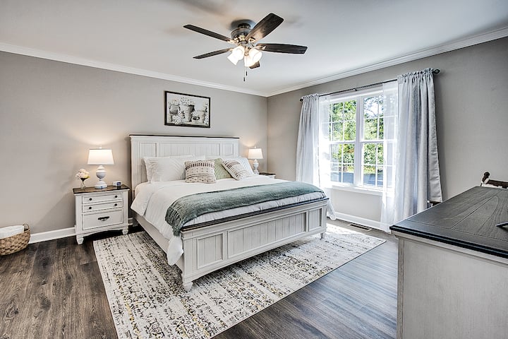 Primary bedroom with king size bed and comfy mattress.  