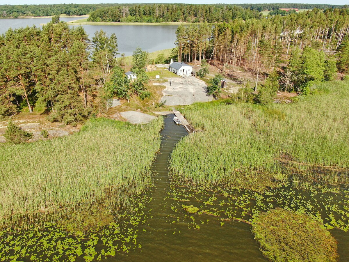 A serene lakeside landscape is depicted, showcasing tall grass and water lilies surrounding a narrow channel leading to a dock. In the background, a cluster of trees rises alongside the shore, with a glimpse of the charming cottages visible amidst the natural setting.