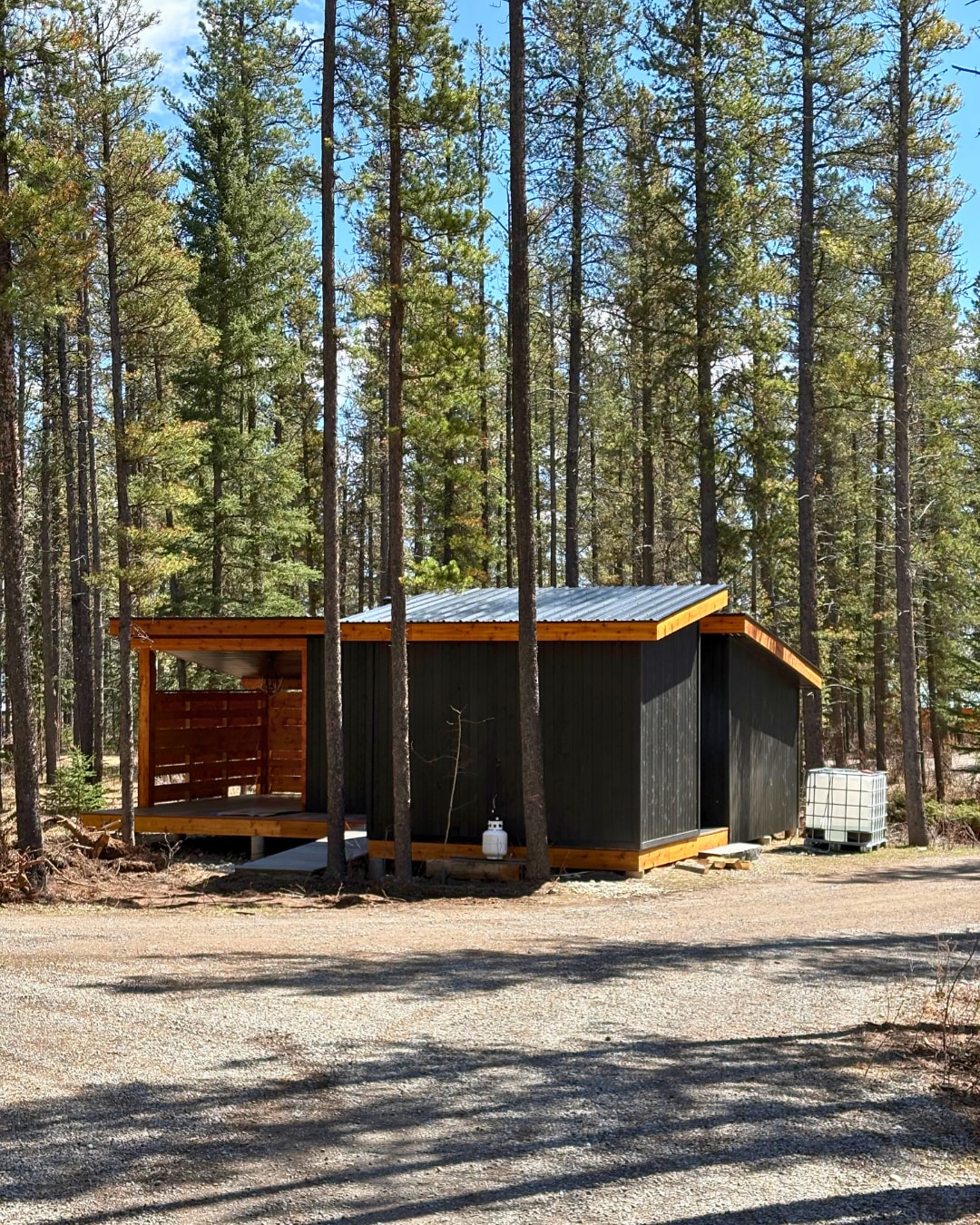 A glamping cabin is surrounded by tall trees, highlighting its unique off-grid design. The exterior features a combination of dark wood and natural wood accents. An inviting porch with a slanted roof is visible, along with a propane tank situated nearby.