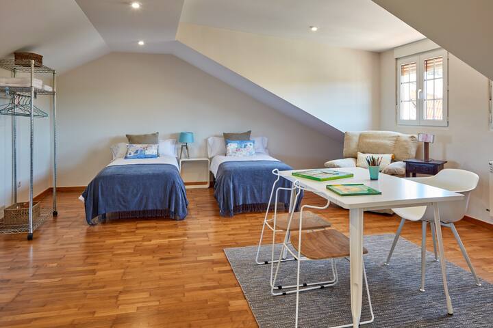 Овој пентхаус од околу 40 м2 е величествена мултифункционална соба која комбинира простор за седење со телевизор, простор за читање, работен простор, статичен велосипед и два единечни кревета, што го прави овој простор идеално место за уживање.