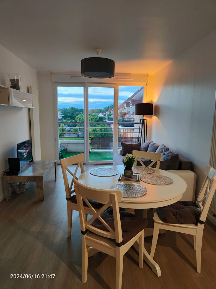 sehemu ya kuishi angavu, yenye joto, yenye urafiki. Una meza inayoweza kupanuliwa, televisheni iliyo na kisanduku cha juu cha chaneli na Wi-Fi 