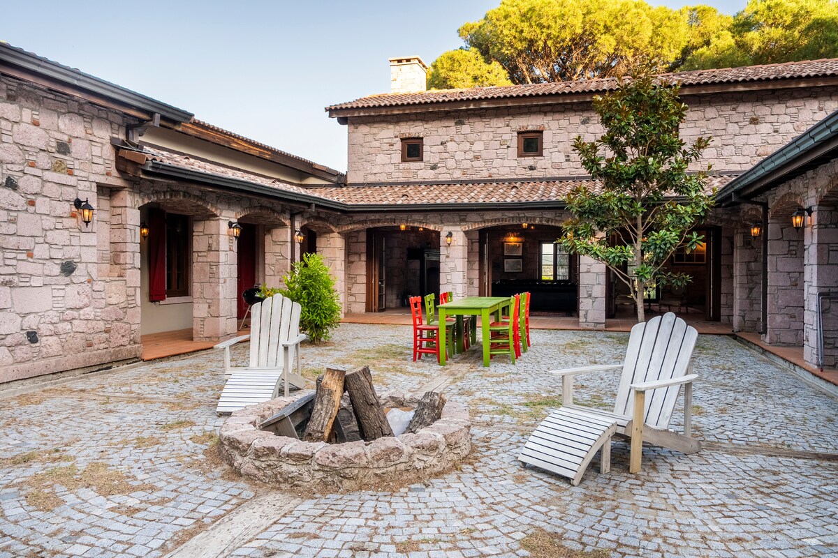 An outdoor seating area features a circular firepit surrounded by several wooden adirondack chairs. A vibrant green dining table with colorful chairs stands ready for meals, while the rustic stone facade of the house provides a charming backdrop, enhancing the inviting outdoor space.