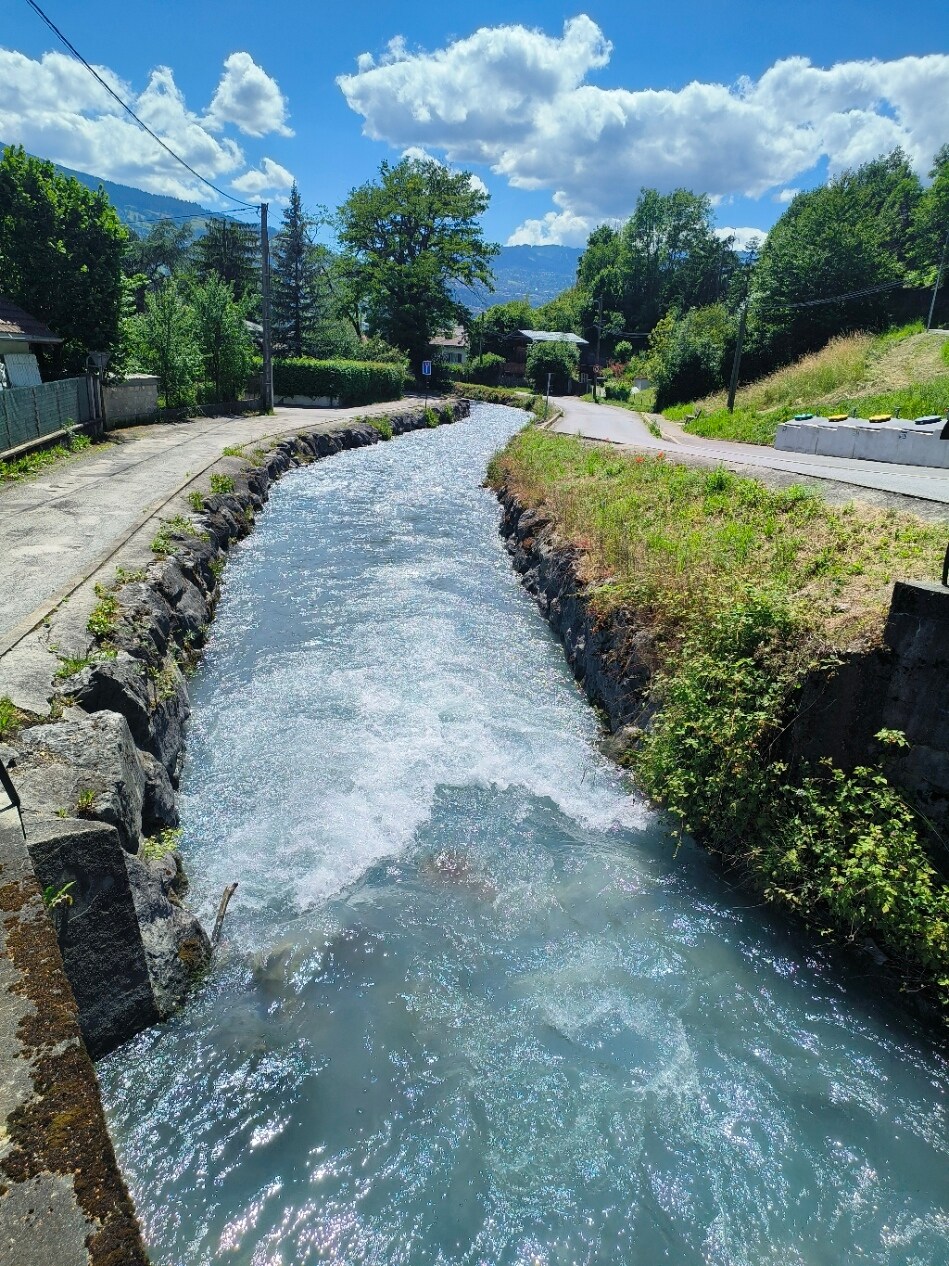 A flowing river winds through a green landscape, flanked by trees and grassy areas. The water appears clear with a gentle current, reflecting the blue sky dotted with clouds. The scene captures a peaceful environment, ideal for outdoor exploration.