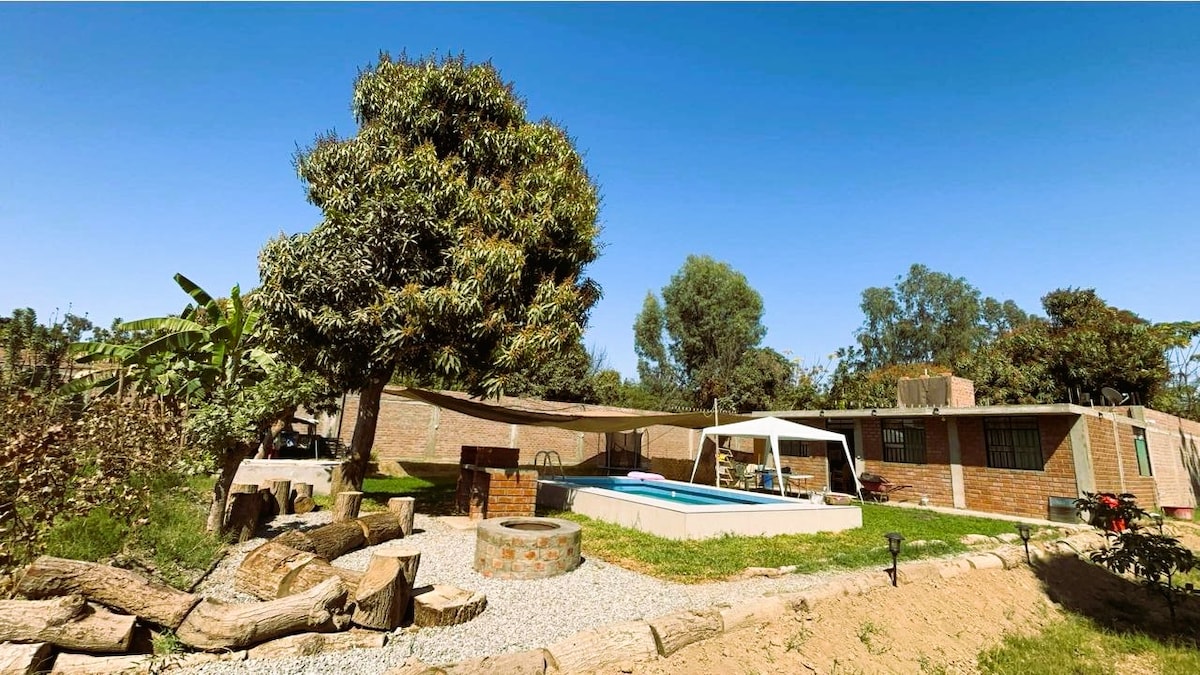 The image displays a sunny outdoor area featuring a swimming pool surrounded by a spacious garden. A shaded seating area is visible, along with a fire pit made of stone. Lush greenery and mature trees provide a serene backdrop to the inviting scene.