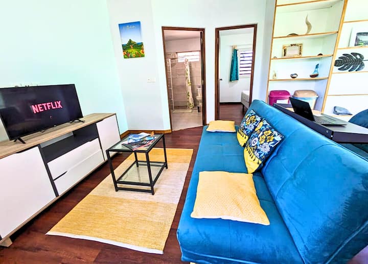 - CANAPE-LIT
- TABLE BASSE
- UN PEU DE LECTURE
- UNE SMART TV AVEC NETFLIX, AMAZON PRIME.. (SE CONNECTER AVEC SON COMPTE)
