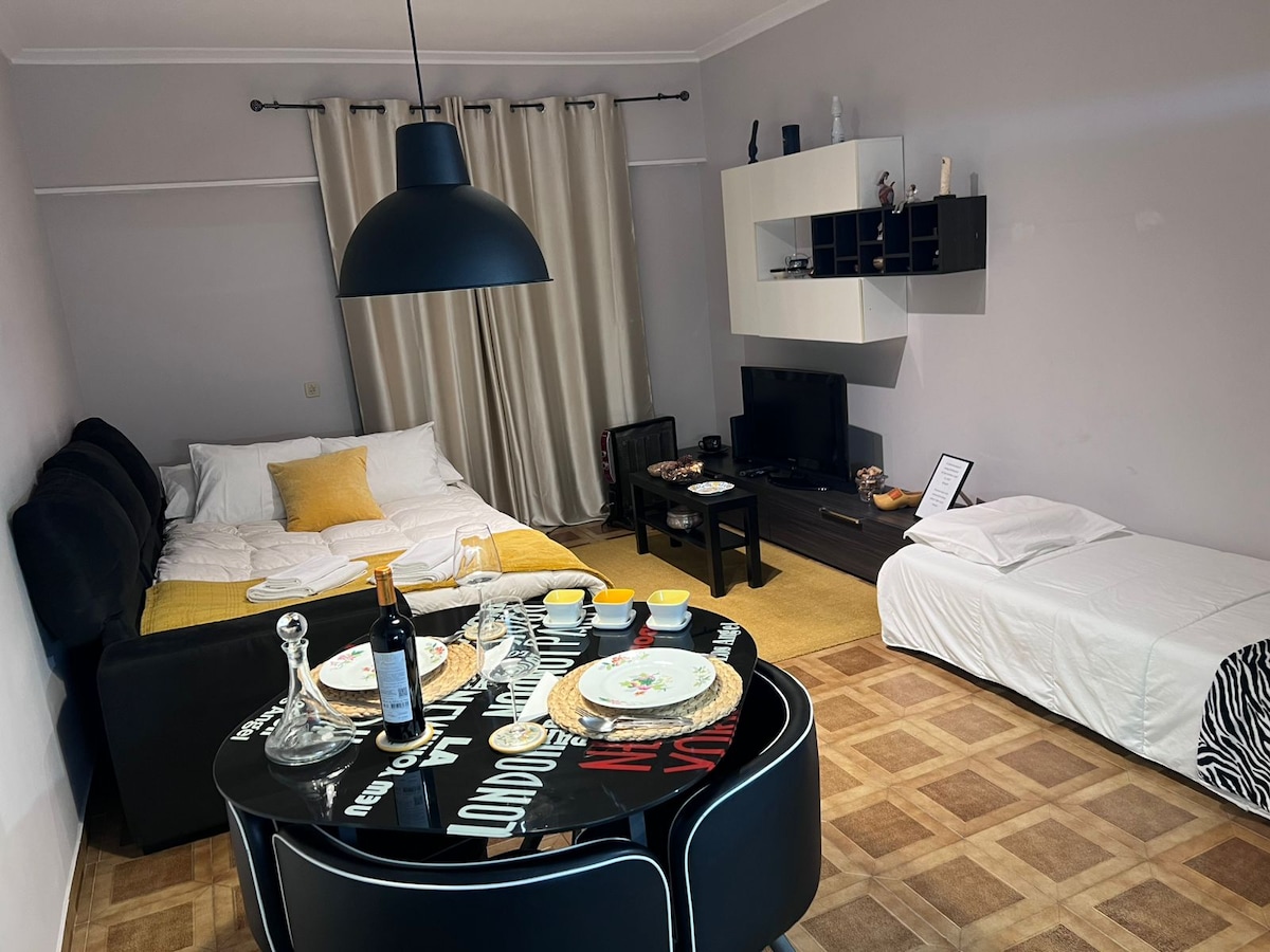 A cozy studio space features a well-laid dining table set for four, accompanied by a dark lamp overhead. A spacious bed with yellow accents is situated beside a single bed. A television is mounted on the wall, with minimalist shelving displayed above.