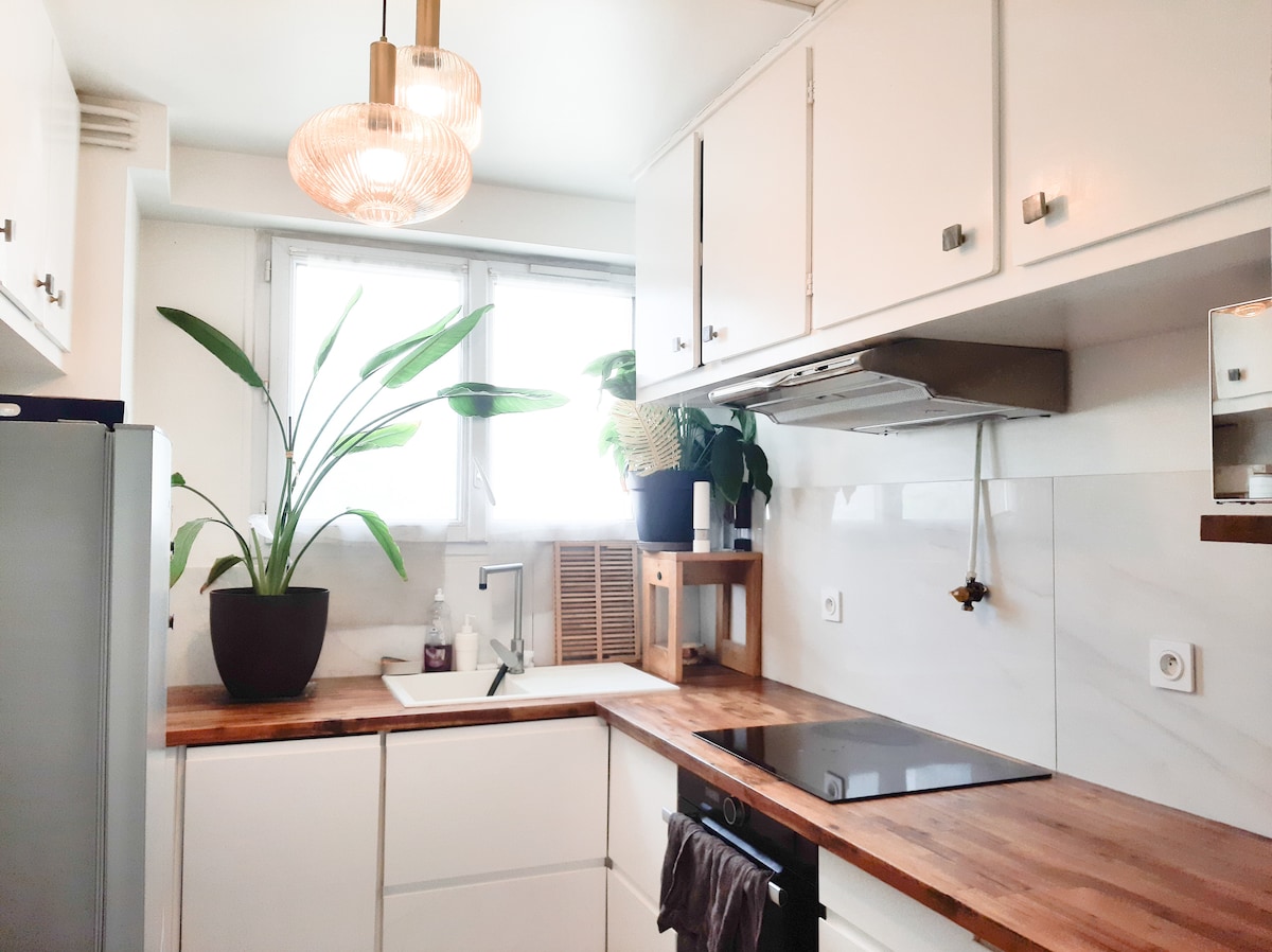 The kitchen features modern cabinetry complemented by a wooden countertop. A large potted plant adds greenery, while light streams in through the windows. Essential appliances, including a refrigerator and stove, are present, along with a well-organized sink area.