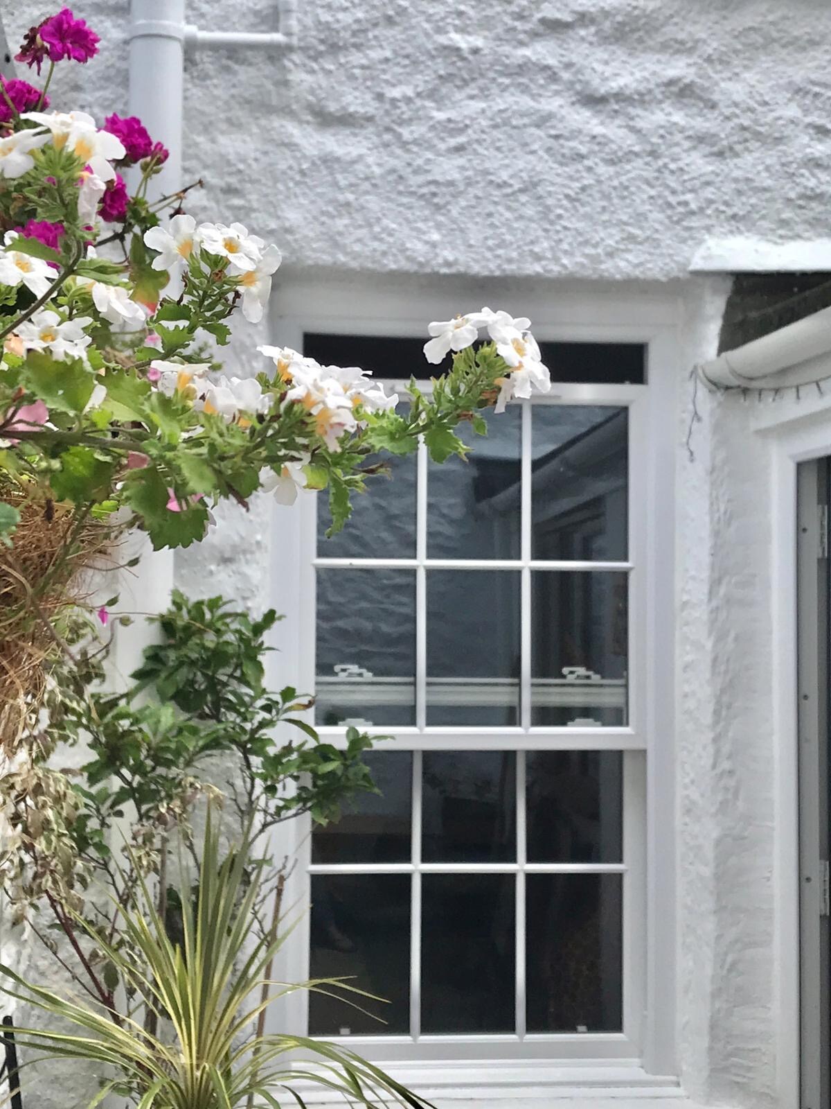 A white, multi-paned window is framed by vibrant flowers and greenery, creating an inviting view. The texture of the building's exterior is visible, and the overall ambiance reflects a serene outdoor space associated with the property.