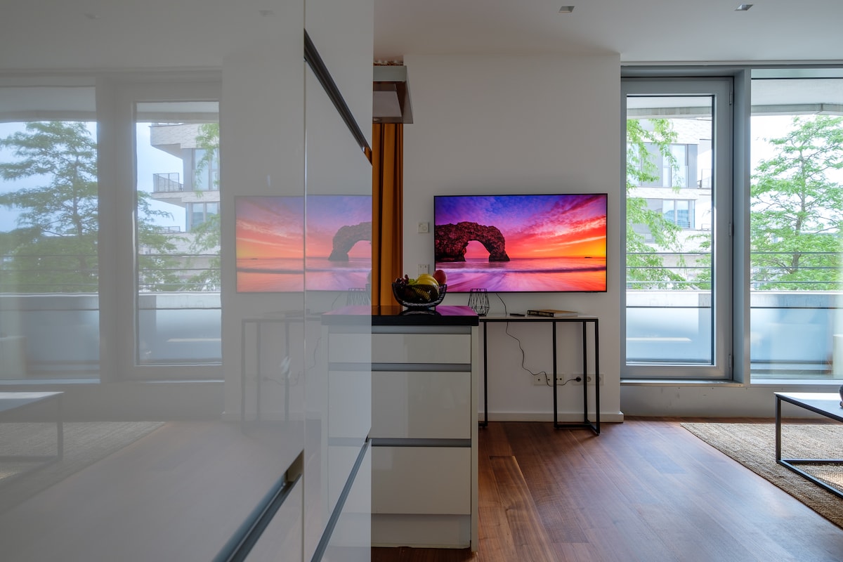 A modern living space is showcased, featuring a large flat-screen TV mounted on the wall opposite a sleek cabinet. Windows on either side allow natural light to fill the room, complemented by greenery visible outside.
