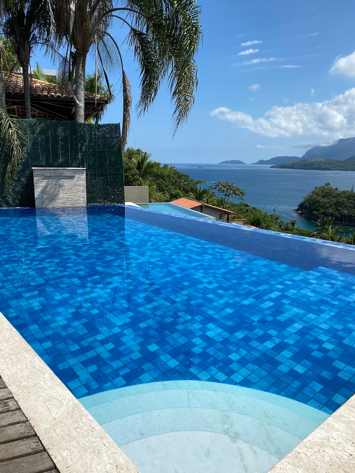 An inviting infinity pool extends towards the horizon, reflecting shades of blue and turquoise. Lush palm trees frame the view, with rolling hills and a tranquil sea visible in the background, offering a serene setting for relaxation.