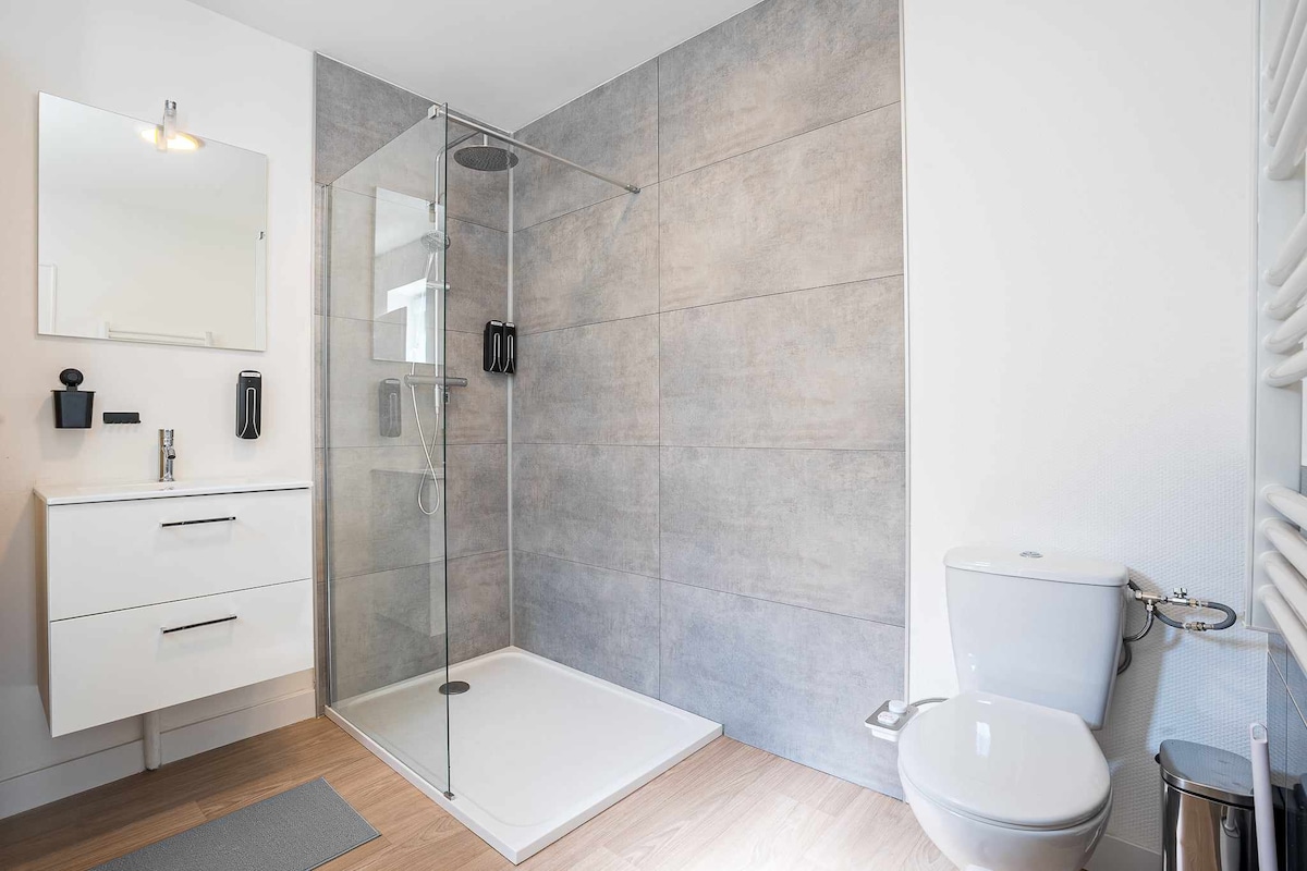 The bathroom features a spacious shower enclosed by glass panels and modern grey tiles. A white vanity with a mirror and a sink is positioned alongside a compact toilet. Towel racks are visible, providing convenience for guests.