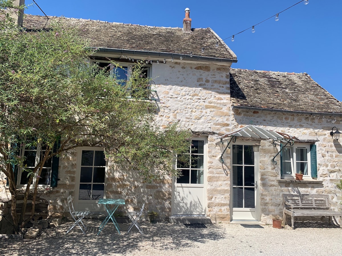 The exterior of a quaint stone house is displayed, surrounded by greenery. Reflective blue windows are framed with white shutters, and a small table with chairs is positioned on the gravelled area. String lights are visible above, adding to the inviting environment.