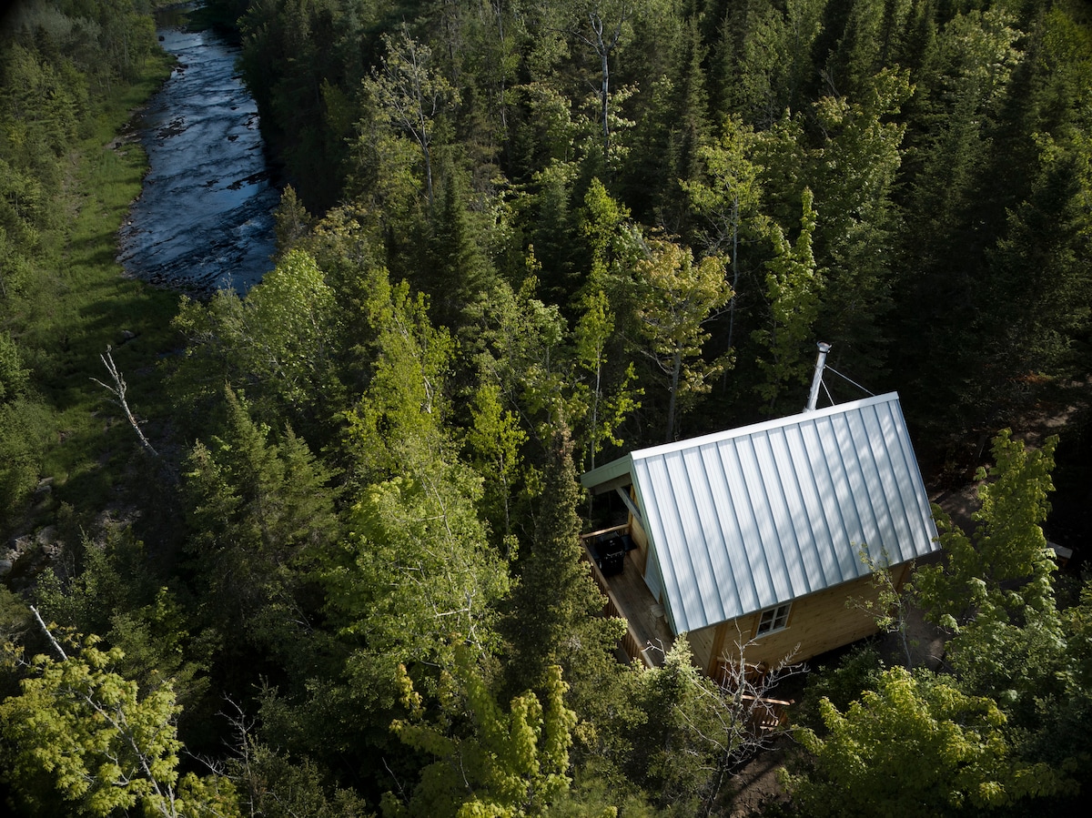 An aerial view captures a rustic cabin surrounded by lush green trees, with a river flowing nearby. The cabin features a metal roof and is positioned on a gentle slope, emphasizing its harmony with the natural landscape.
