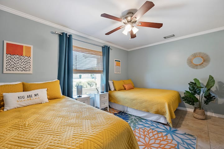 The fourth bedroom is bright and colorful for the kids with two Queen size beds and ample closet space.  There is a child safety bed bolster available for toddlers.  