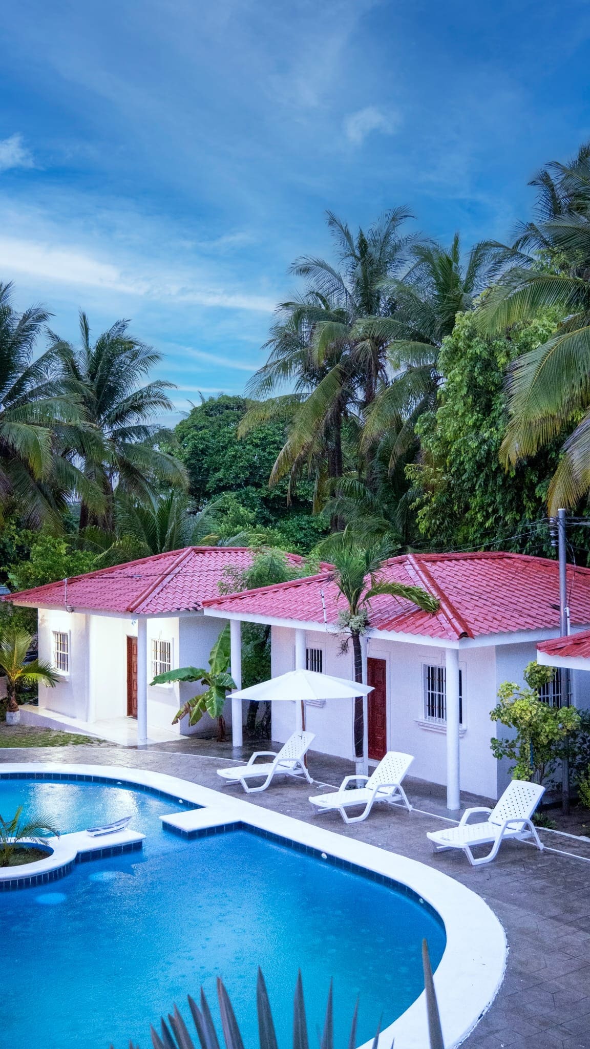 A well-maintained property features palm trees surrounding a refreshing blue pool. Lounge chairs are positioned around the pool area, with a shaded seating option near the entrance. The single-story building showcases a tile roof and white walls, creating a harmonious outdoor space.