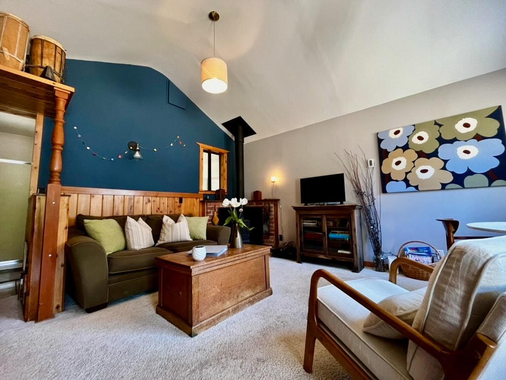A cozy living area presents a comfortable sofa and a chair, complemented by a wooden coffee table. A smart TV is situated against a wall adorned with floral art, while warm lighting emanates from a ceiling fixture. A wood stove adds a touch of warmth to the space.