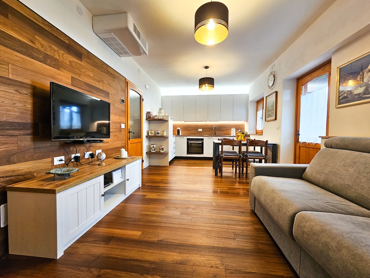 The living area features a modern sofa facing a wall-mounted television. A wooden dining table is set for four, and the kitchen area is equipped with sleek cabinets and countertops. Natural light fills the space through windows, highlighting the rich wood flooring.