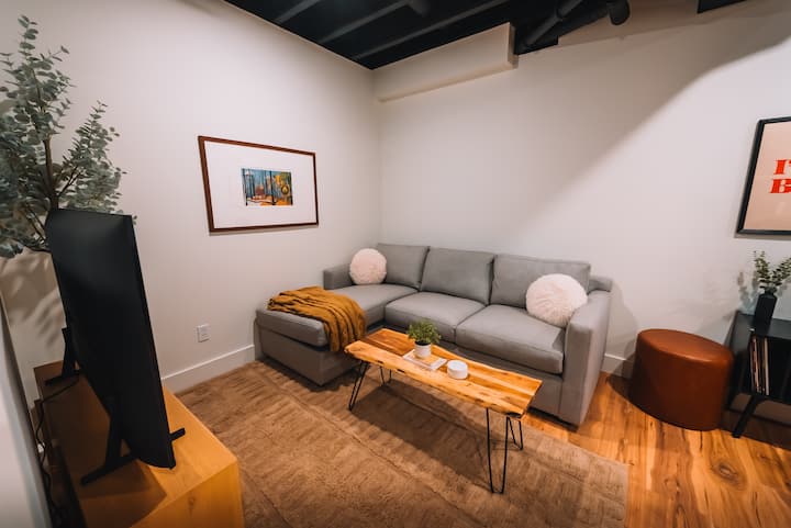 el sofá cama tamaño queen extraíble en la sala de estar/dormitorio del sótano. 