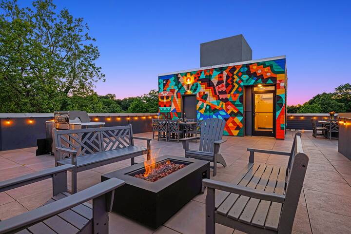 The Finch- Dogs, Mural, Elevator, WFH Setup