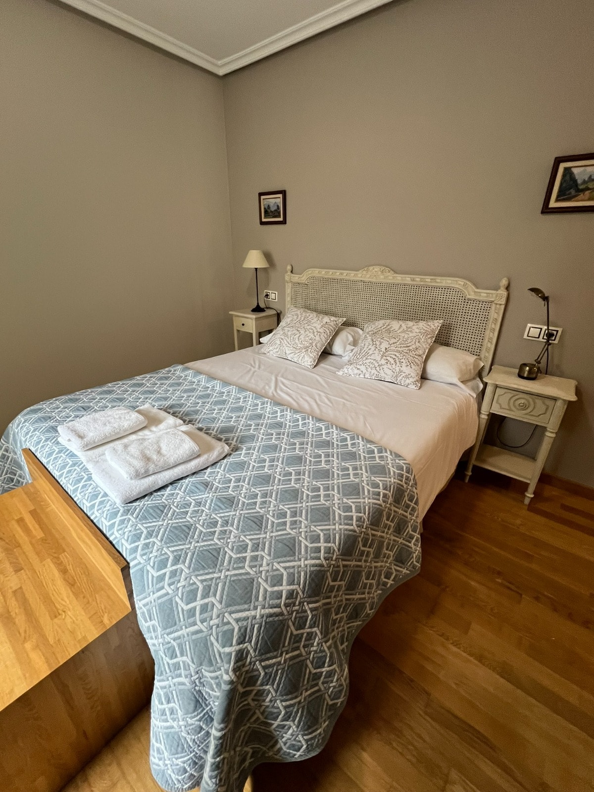 A cozy bedroom features a spacious bed with a light blue patterned throw laid across it. Two decorative pillows are arranged neatly at the head of the bed. Nightstands on either side are equipped with lamps, and soft wood flooring complements the subtle wall colour.