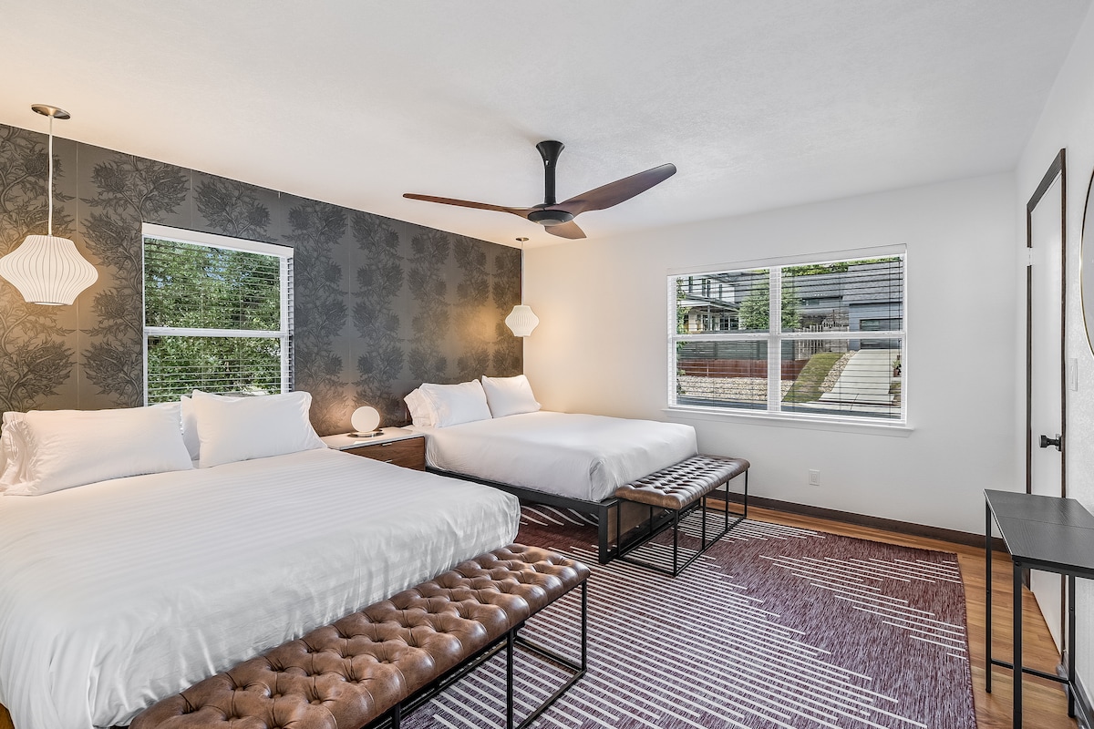 Crisp, clean comfort: Dual queens with luxury bedding to restore your crew.