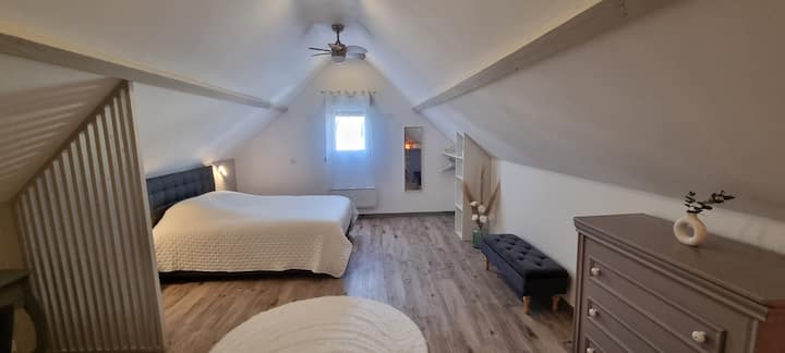 habitación grande con 1 cama grande y una cama pequeña de 90 ( escondida discretamente en la cómoda gris)
luz tenue, lámpara de techo y aire acondicionado  
biblioteca y zona de oficina disponibles.
juegos de mesa para adultos y niños.
