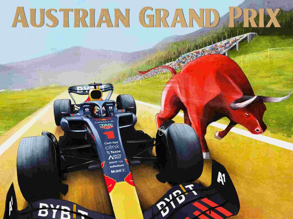 A vibrant illustration depicts a Formula 1 car racing along a winding track, accompanied by a striking red bull beside it. The background showcases a green landscape and a distant crowd in the stands, reflecting the excitement of the Austrian Grand Prix.