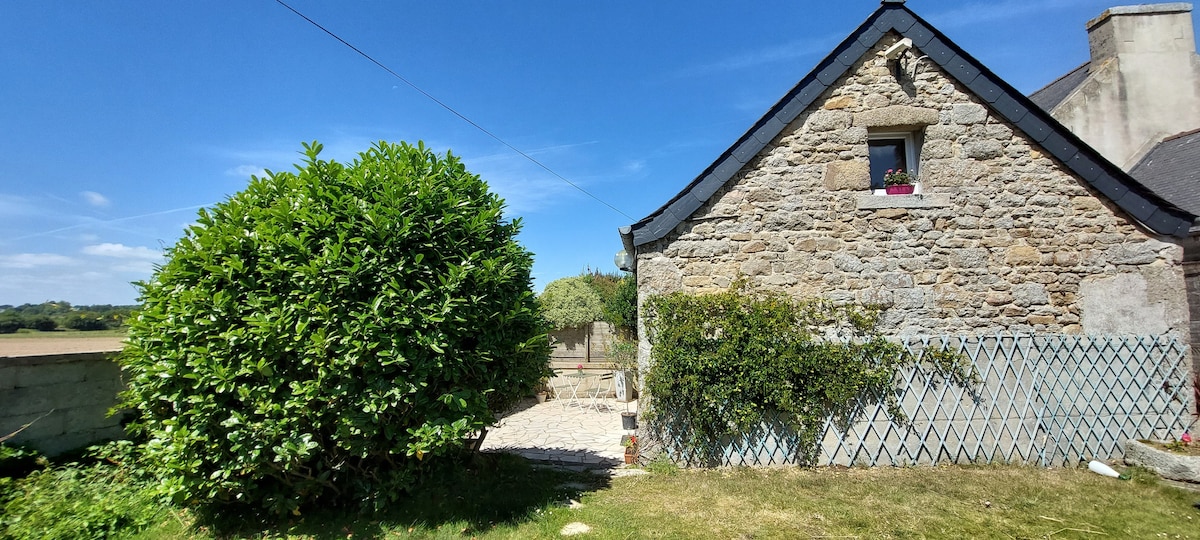 A stone cottage exterior is visible, featuring a rustic facade with greenery and a flowering window box. A well-maintained garden area leads to a pathway, with open fields in the background and clear blue skies above.
