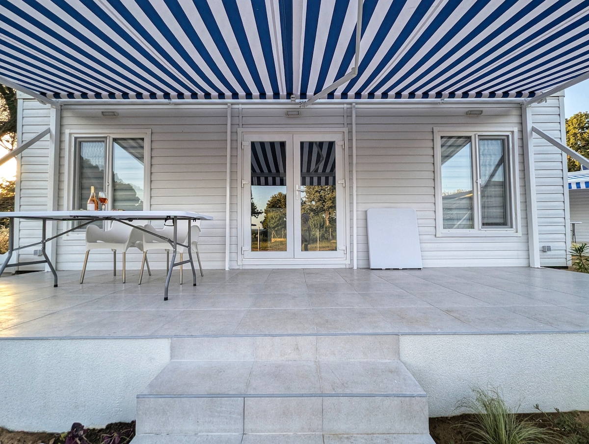A covered outdoor area features a striped awning providing shade over a table with chairs. The entrance is framed by large glass doors, with steps leading down to the ground level. Two windows are visible on either side of the doors.