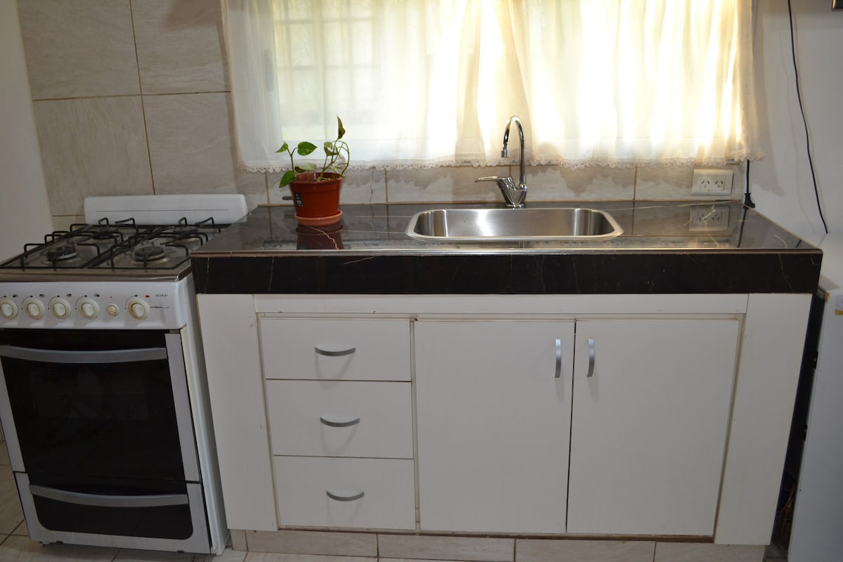 A kitchen area features a sleek countertop with a stainless steel sink and a small potted plant. An oven with a gas stovetop is positioned next to the cabinetry, which includes multiple drawers for storage. Natural light filters through a curtain-draped window.