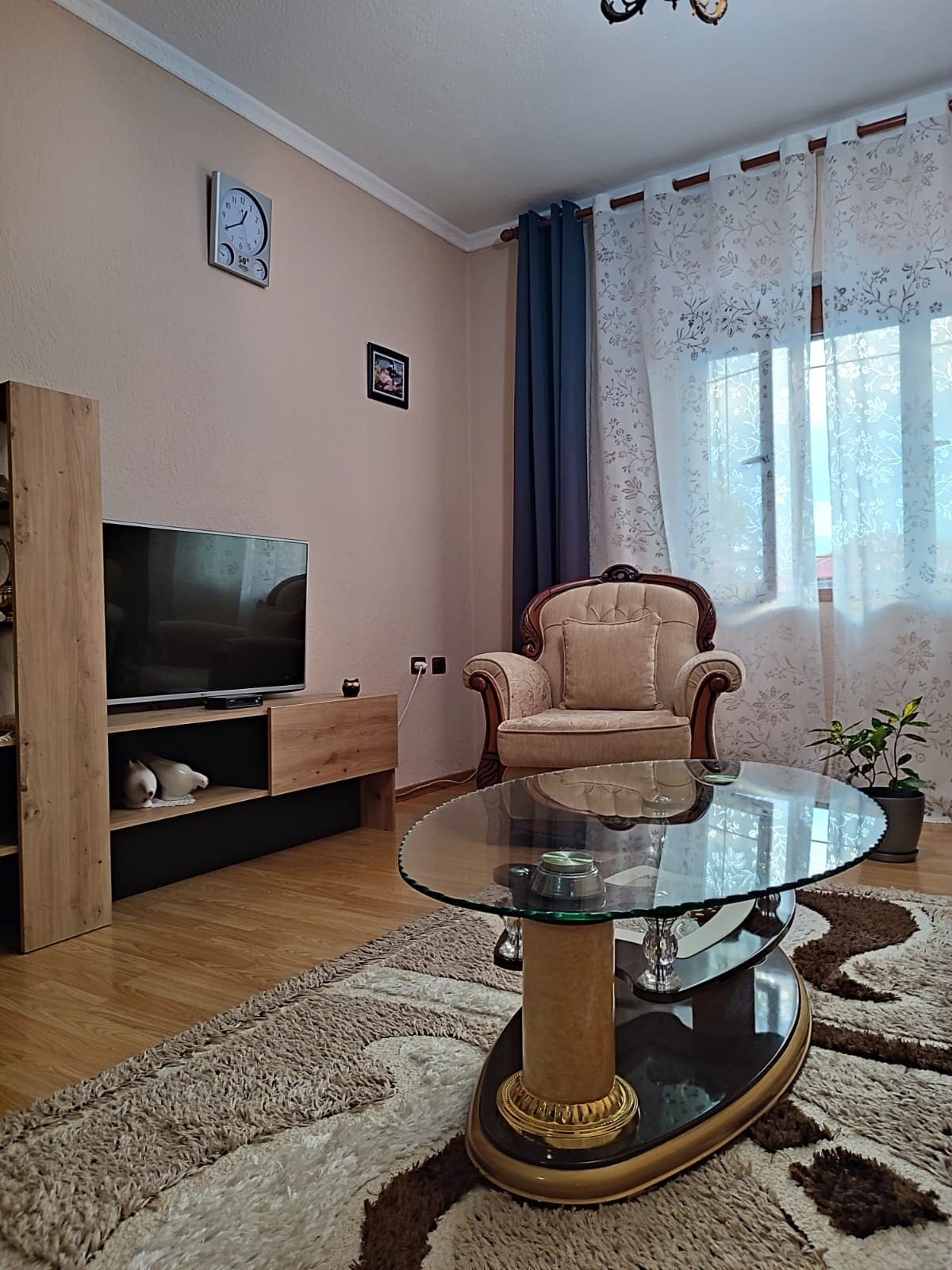 A living area is presented with a glass coffee table positioned on a patterned area rug. A plush armchair is located beside a wooden entertainment unit featuring a TV. Natural light filters through sheer curtains, highlighting the warm tones of the room.