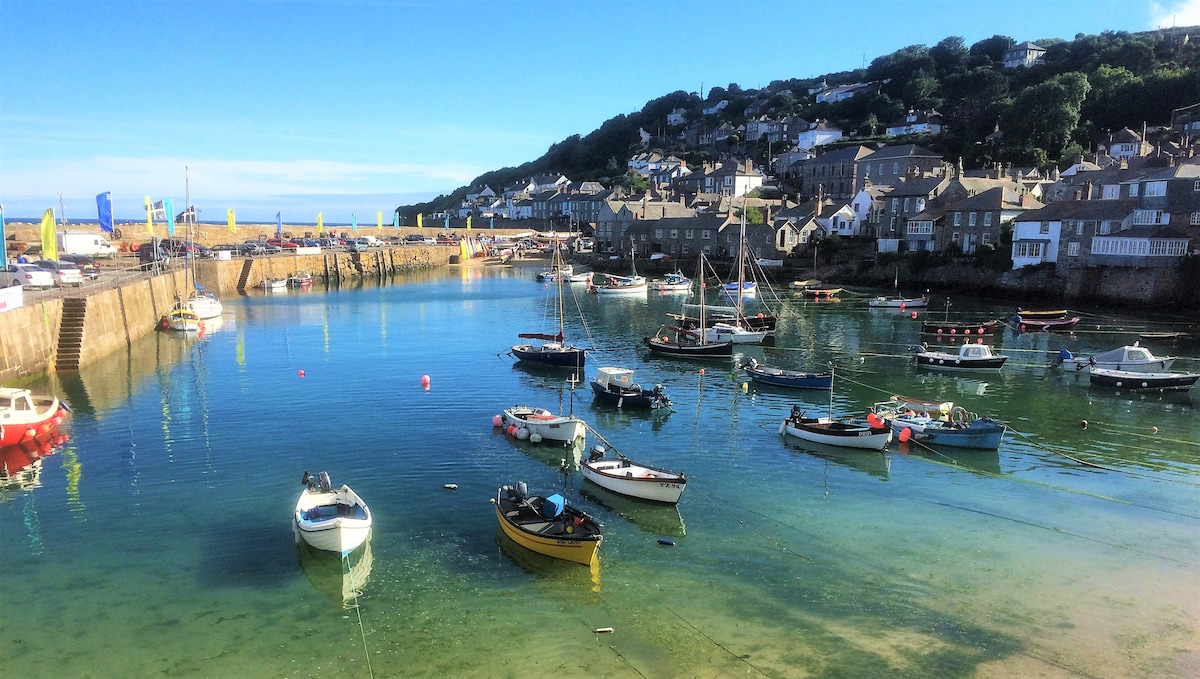 A serene harbor scene is presented, featuring a variety of boats gently bobbing in calm waters. The backdrop displays a hillside adorned with quaint houses, while colorful flags and clear blue skies contribute to the coastal atmosphere.
