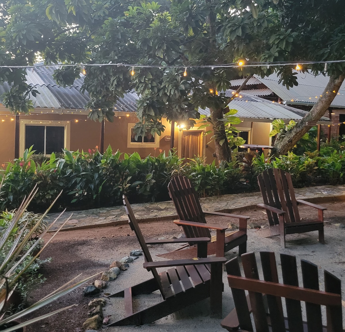 A serene outdoor space is highlighted by wooden lounge chairs arranged around a gravel pathway. Lush greenery surrounds the area, and warm lights are strung overhead, illuminating the exterior of the farmhouse. Windows of the home reflect the inviting atmosphere.