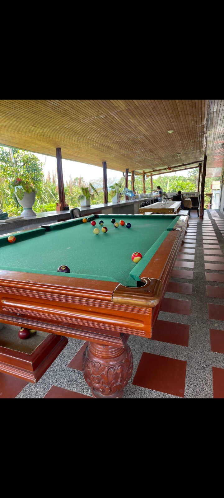 A billiards table is positioned under a covered area, surrounded by lush greenery. The table features a green felt surface with several balls arranged for play. The floor is tiled with alternating red and grey squares, contributing to the outdoor ambiance.