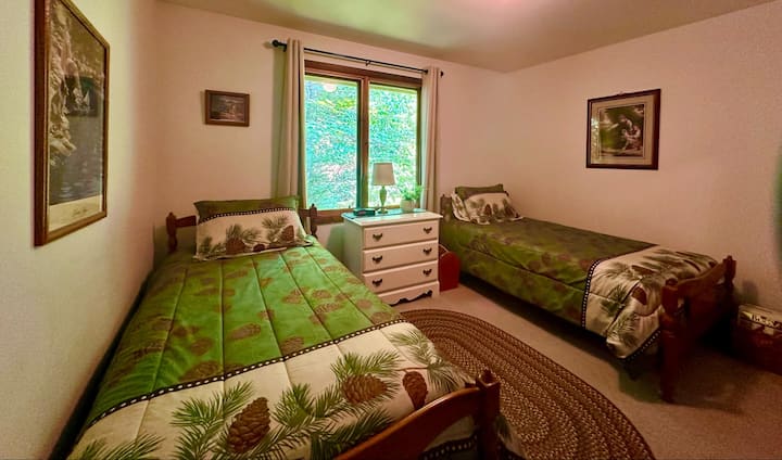 Оваа соба е совршена за сите двајца гости во вашата забава, особено за оние кои дремнуваат.  Утринското сонце им го отстапува местото на ладното зелено зеленило на шумата и амбиенталната светлина до крајот на денот.  Изолираните/светлосните завеси помагаат да се запечати зделката. 