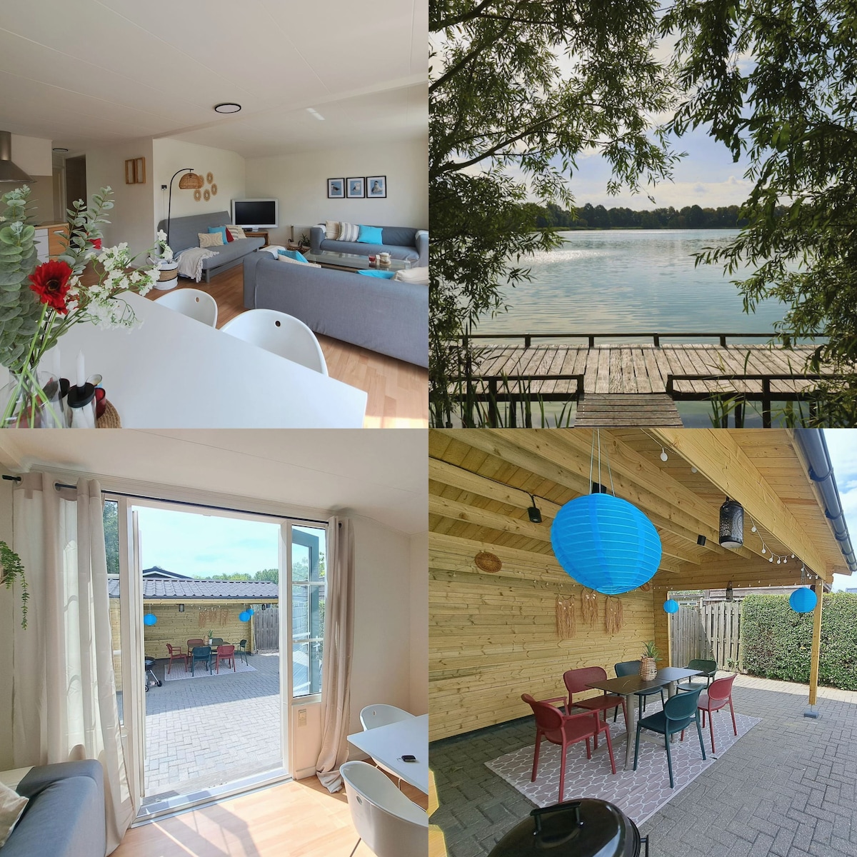 The interior living area is bright and airy, featuring comfortable seating and a television. Natural light fills the space through large windows, enhancing the welcoming atmosphere. The outdoor area showcases a private terrace with seating and colorful lanterns, ideal for relaxation and gatherings.