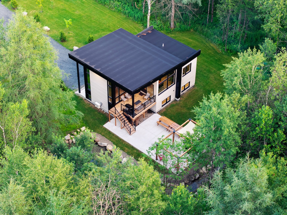 An aerial view of the modern chalet is surrounded by lush greenery. The property features a flat roof, a spacious outdoor patio with seating, and a barbecue area. Natural landscaping frames the yard, providing a tranquil setting for relaxation.