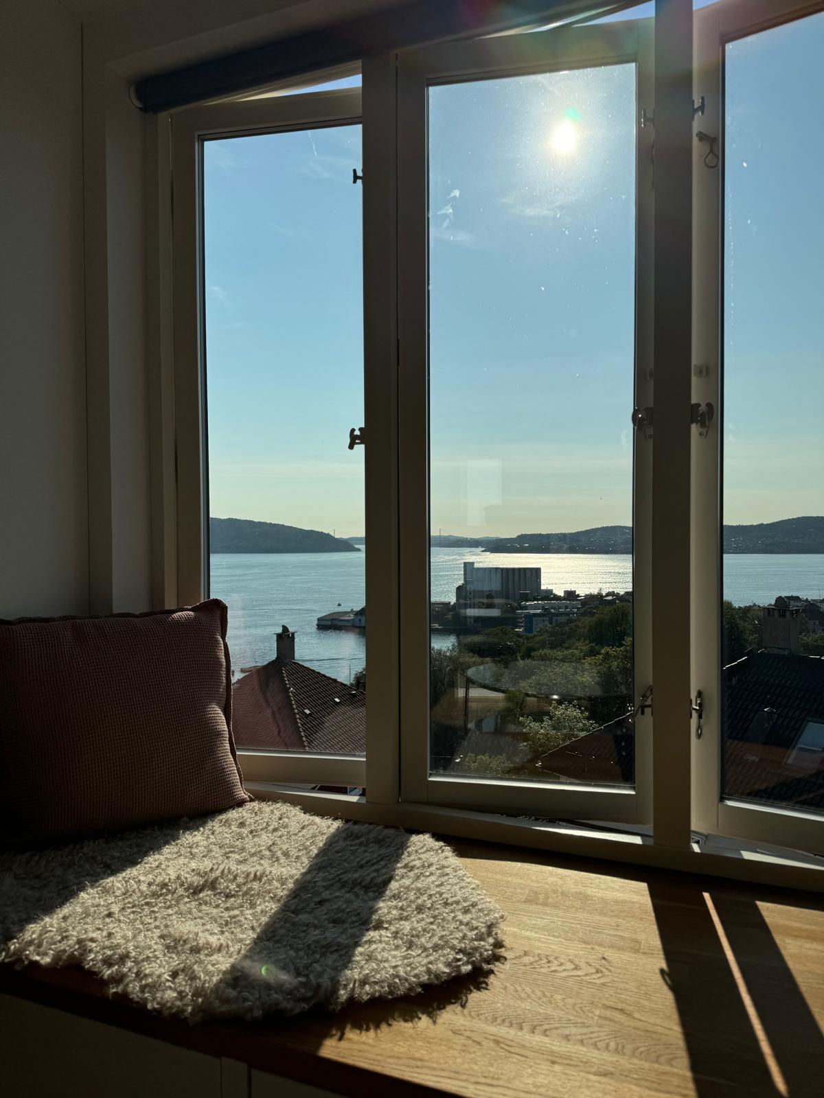 A window seat offers a view of the shimmering water under bright sunlight. Gentle hills are visible in the background, along with the outlines of nearby buildings. Soft cushions rest on the seat, inviting relaxation while enjoying the scenic landscape.