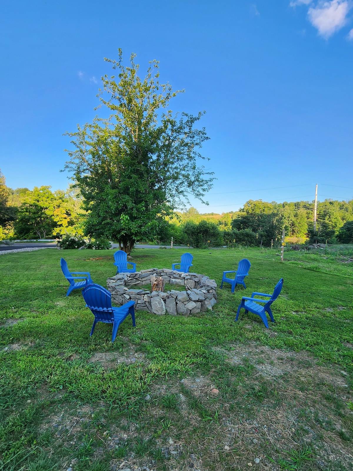 A circular stone firepit is surrounded by six blue chairs on a grassy area. A large tree provides shade nearby, and lush greenery is visible in the background against a clear blue sky.