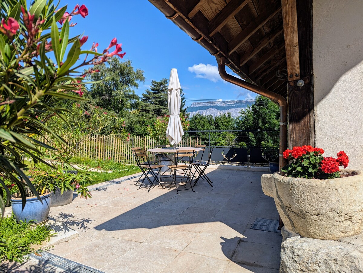 A spacious terrace is shown, featuring a round table surrounded by black chairs. A white umbrella provides shade, while potted red flowers add color. Lush greenery and distant mountains are visible in the backdrop, enhancing the outdoor setting.