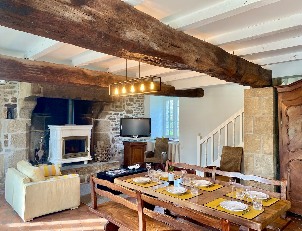 A spacious living and dining area features exposed wooden beams and a warming wood stove. A large wooden dining table, set with tableware, accommodates guests, while a cozy couch is positioned nearby. Natural light streams in through the windows, enhancing the inviting ambiance.